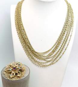 Vintage Coro Gold Tone Multi Chain Necklace & Icy Rhinestone Brooch 66.2g