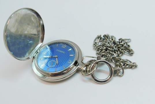 Fossil Blue Dial Silver Tone Pocket Watch 59.6g image number 3