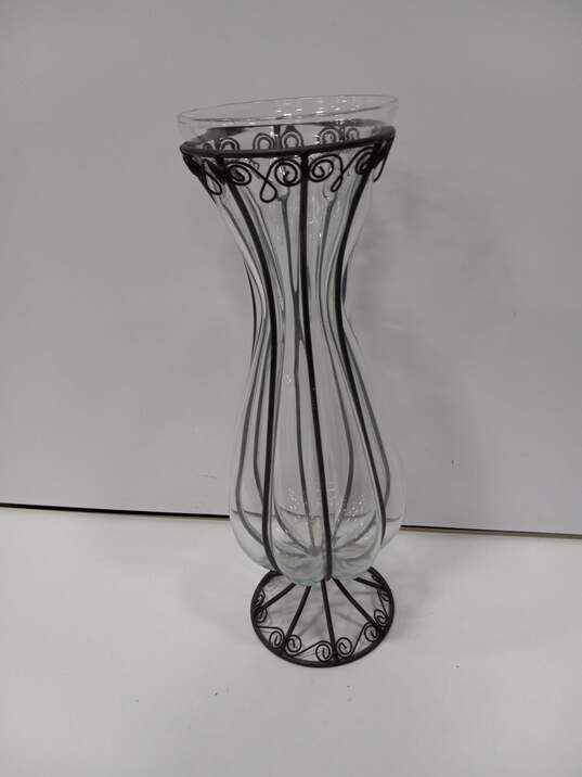 Tall Blown Glass Vase in Footed Metal Frame image number 2