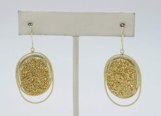 14K Gold Golden Druzy Textured Oval Drop Earrings 7.8g image number 1