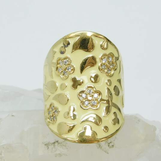 Lauren G Adams Goldtone Cubic Zirconia Accented Flowers Yellow Enamel Saddle Band Ring 14.8g image number 1