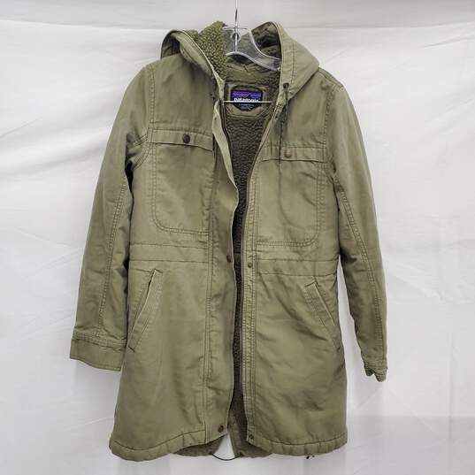 Patagonia WM's 100% Organic Cotton Polyester Blend Green Khaki Hooded Parka. Size SM image number 1