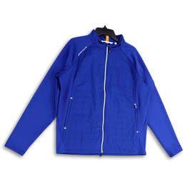 Womens Blue Mock Neck Long Sleeve Pocket Full-Zip Fleece Jacket Size Large