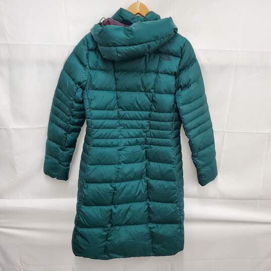The North Face 100% Nylon & Polyester Green Full Zip Puffer Long Parka Jacket Size and Hood MM image number 2