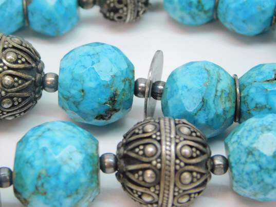 Artisan 925 Faceted Faux Turquoise & Bali Ball & Disc Graduated Beaded Statement Necklace 89.2g image number 5
