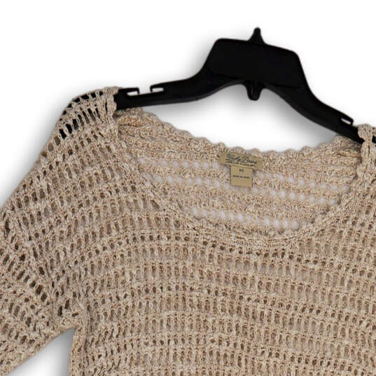 Womens Beige Open-Knit Round Neck Long Sleeve Pullover Sweater Size XL image number 3