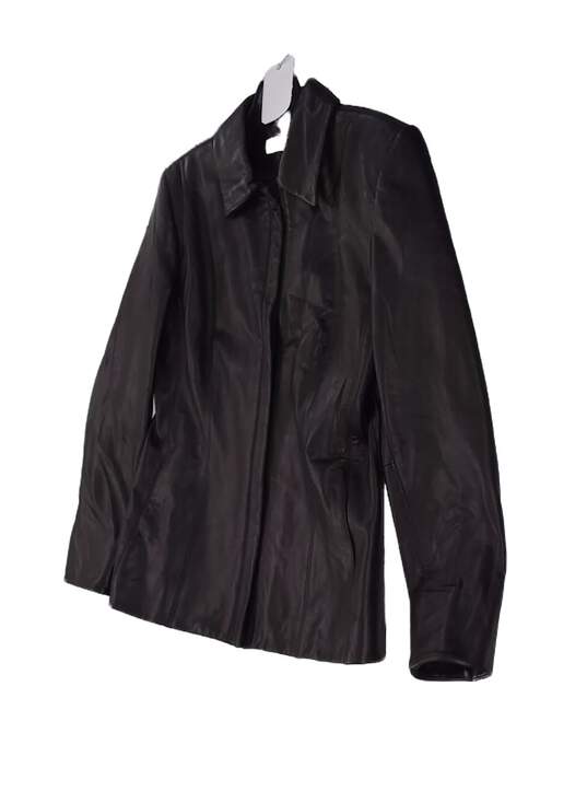 Womens Black Leather Jacket Long Sleeve Pockets Size 6 image number 2