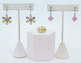 Romantic 925 Pink & Yellow Mother of Pearl Flower & Square Drop Earrings & Shell Tapered Band Ring 16.2g