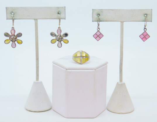 Romantic 925 Pink & Yellow Mother of Pearl Flower & Square Drop Earrings & Shell Tapered Band Ring 16.2g image number 1