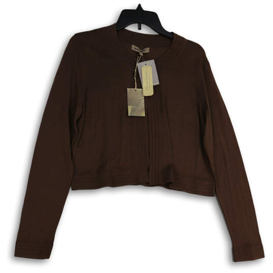 NWT Womens Brown Knitted Long Sleeve Cropped Cardigan Sweater Size Medium image number 1