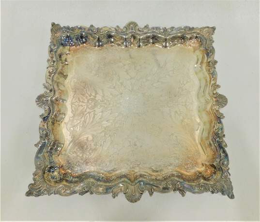 Vintage Silver Plate Round Covered Dish Bowl W/ Square Footed Serving Tray Platter image number 2