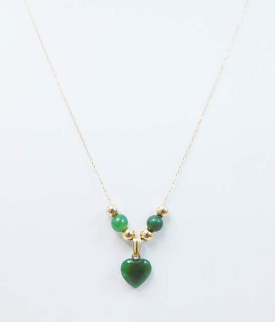 14K Gold Nephrite Heart & Ball Beaded Pendant Cable Chain Necklace & Matching Post Earrings Set 2.4g image number 3