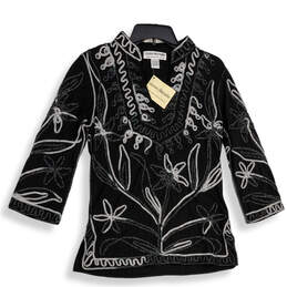NWT Womens Black White Embroidered  Collared Long Sleeve Blouse Top Size S
