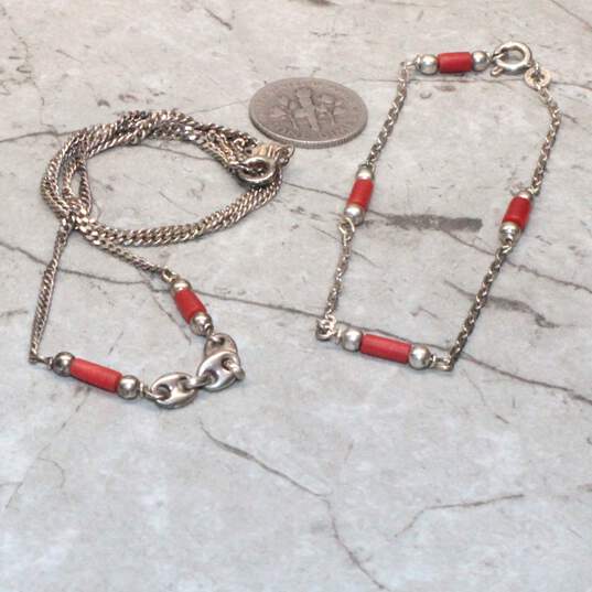 Sterling Silver Red Coral Bead Chain Necklace & Bracelet - 7.5g image number 5