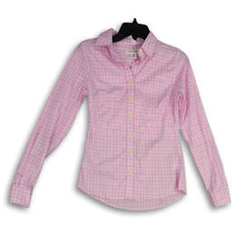 Womens Pink White Plaid Point Collared Long Sleeve Button-Up Shirt Size 0P