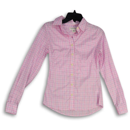 Womens Pink White Plaid Point Collared Long Sleeve Button-Up Shirt Size 0P image number 1