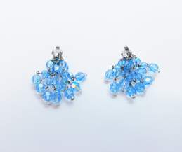 Vintage Laguna Silvertone Blue Aurora Borealis Crystals Beaded Tassels Clip On Earrings 30.1g