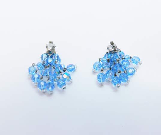 Vintage Laguna Silvertone Blue Aurora Borealis Crystals Beaded Tassels Clip On Earrings 30.1g image number 1