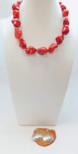 Artisan 925 Dyed Red Howlite Beaded Chunky Necklace & Unique Modernist Drop Post Earrings 123g