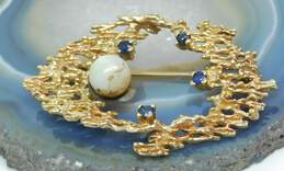 Romantic 12k Yellow Gold Blue Spinel & Pearl Brooch Pin 8.8g