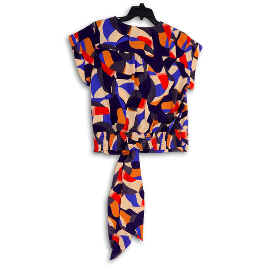 Womens Multicolor Geometric Short Sleeve V-Neck Tie Waist Blouse Top Sz XL image number 2