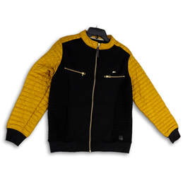 Mens Black Yellow Mock Neck Quilted Long Sleeve Full-Zip Track Jacket Sz M