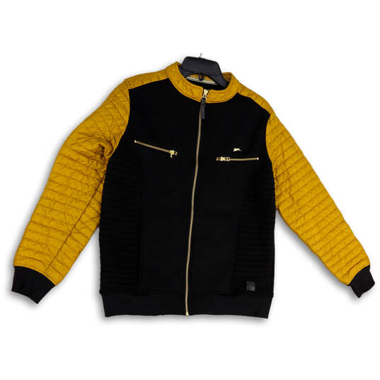 Mens Black Yellow Mock Neck Quilted Long Sleeve Full-Zip Track Jacket Sz M image number 1