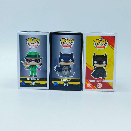 Funko Pop! Heroes 448 Batman (Funko Exclusive), 469 The Riddler (L. A. Comic Con 2022 Show Exclusive), and 1342 The Flash Batman (Set of 3) image number 1