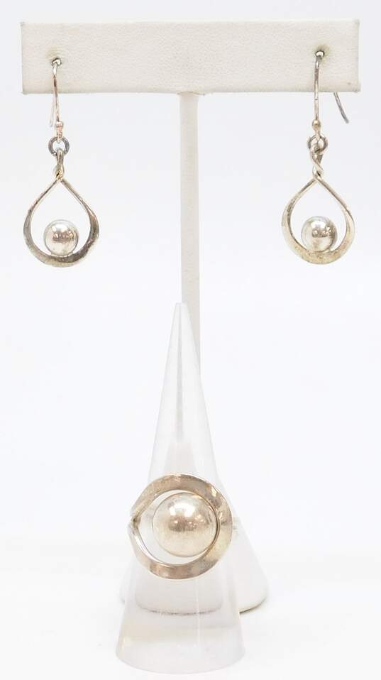 ATI & Artisan 925 Modernist Dome & Loop Teardrop Drop Earrings & Matching Chunky Band Ring 10.9g image number 1