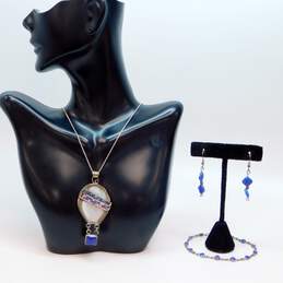Artisan 925 Shell & Lapis Pendant Necklace Bracelets & Earrings 24.9g