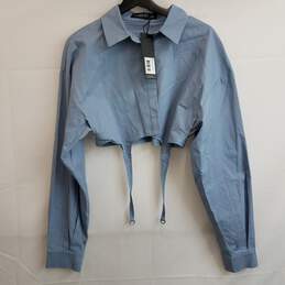 Women's blue gray cropped garter button up shirt L
