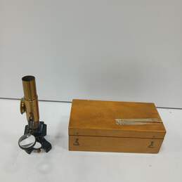 Vintage Brass Compound Microscope In Wood Box