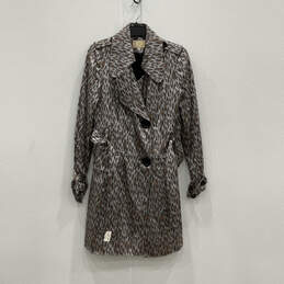 Womens Gray Animal Print Long Sleeve BeltedButton Front Trench Coat Size 8