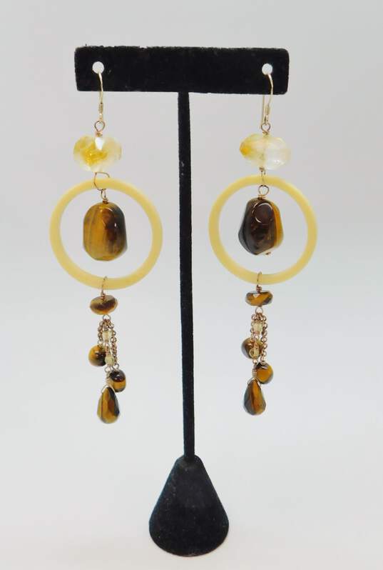 Deb Guyot Bronze & 925 Faceted Citrine & Tigers Eye Light Yellow Circle Beaded Drop Earrings 27.2g image number 1