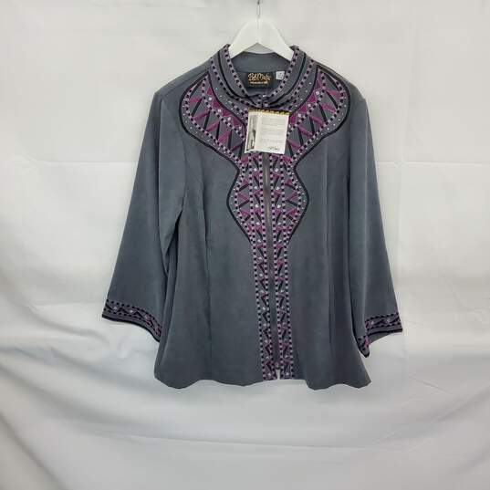 Bob Mackie Vintage Gray & Purple Embroidered Full Zip Jacket WM Size 1X NWT image number 1