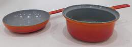 Vintage Descoware Orange Enamel Cast Iron Sauce Pan Pot W/ Frying Pan Lid