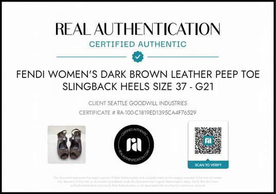 Fendi Dark Brown Leather Peep Toe Slingback Heels Size 37 AUTHENTICATED image number 7