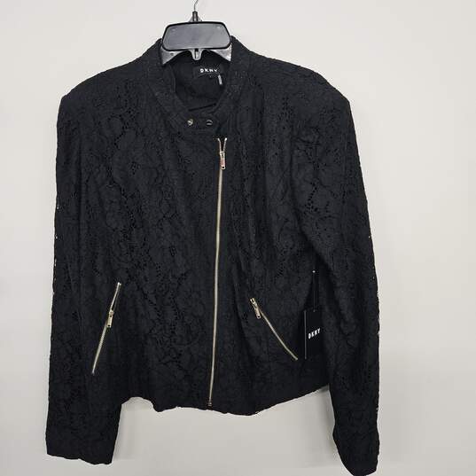 Black Lace Long Sleeve Gold Zip Up Jacket image number 1