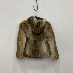 Womens Brown Long Sleeve Pockets Hooded Full Zip Rabbit Fur Coat Size 12 alternative image