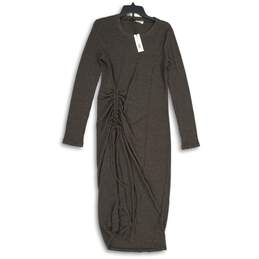 NWT Michael Stars Womens Gray Ruched Tie Long Sleeve Round Neck Maxi Dress Sz L