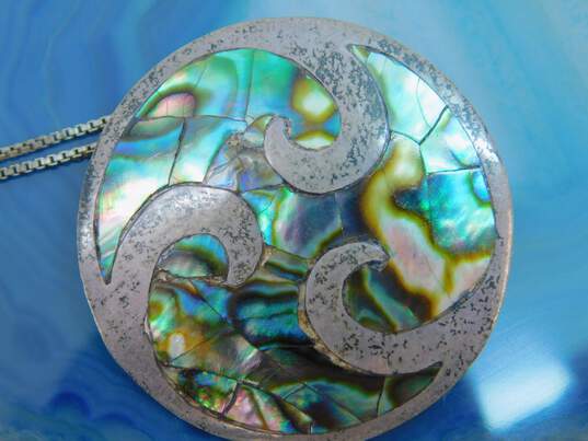 Vintage Taxco & Mexico 925 Abalone Shell Inlay Swirl Disc Pendant Brooch Necklace & Peace Sign Doves Band Ring 8.8g image number 6