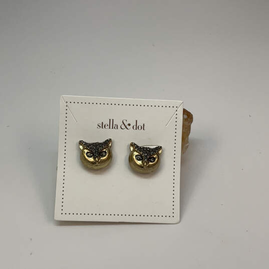 Designer Stella & Dot Gold-Tone Rhinestone Owl Fashionable Stud Earrings image number 1