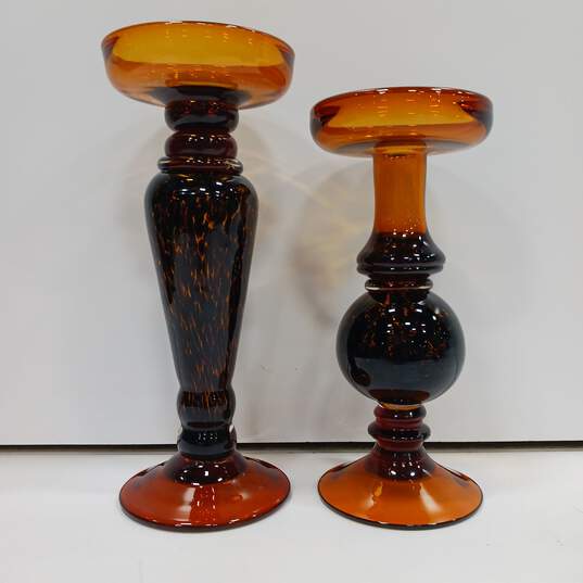 2 Vintage Tortoise & Amber Hand Blown Pillar Candle Holders image number 1