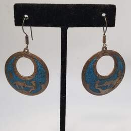 Sterling Silver Turquoise Chip Inlay Man W/Donkey Dangle Earrings 14.8g DAMAGED