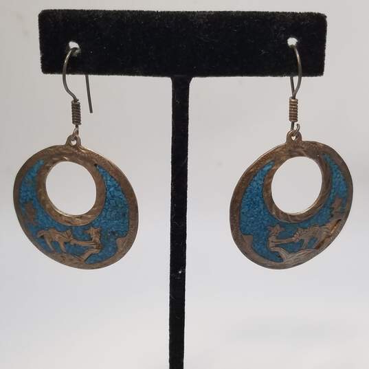 Sterling Silver Turquoise Chip Inlay Man W/Donkey Dangle Earrings 14.8g DAMAGED image number 1