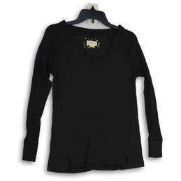 Womens Black Waffle-Knit Long Sleeve V-Neck Pullover T-Shirt Size Small