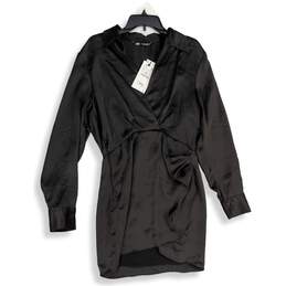 NWT Zara Womens Black Satin Spread Collar Long Sleeve Mini Dress Size Large