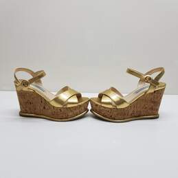 Prada Gold Leather Cork Wedge Heel Open Toe Sandals WM Size 35.5 alternative image