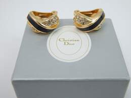 Christian Dior Goldtone Rhinestones & Black Enamel X Clip On Earrings & Box