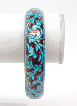 Artisan 925 Blue & Burgundy Enamel Floral Filigree Rounded Bangle Bracelet alternative image